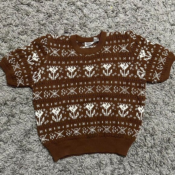 Cottage Core 90s Minimalist Brown Short Sleeve Sweater Size Large Petite - Picture 1 of 5